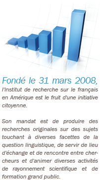 Fond&eacute; le 31 mars 2008, l'Institut de recherche sur le fran&ccedil;ais en Am&eacute;rique est le fruit d'une initiative citoyenne. Son mandat est de produire des recherches originales sur des sujets touchant � diverses facettes de la question linguistique, de servir de lieu d'&eacute;change et de rencontre entre chercheurs et d'animer diverses activit&eacute;s de rayonnement scientifique et de formation grand public.